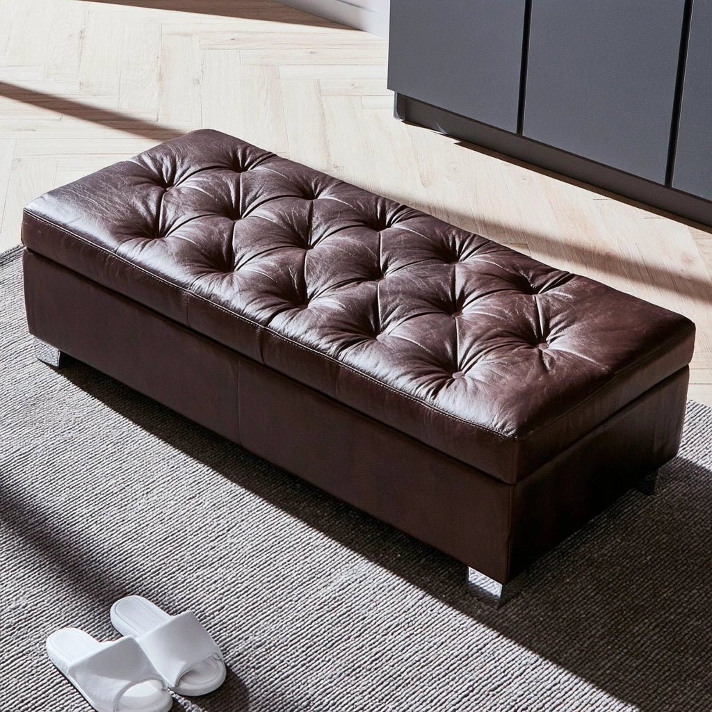 Opbergbank met leren bekleding, kleur donkerbruin